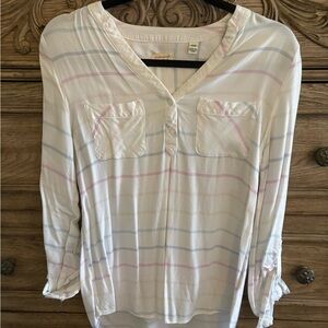 Weatherproof White Gray Polo Blouse with 3/4 Sleeves